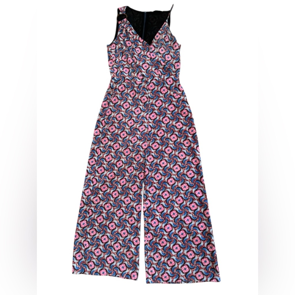 MNG Mango Blue/Pink Abstract Pattern Sleeveless, Wide Leg Jumpsuit S